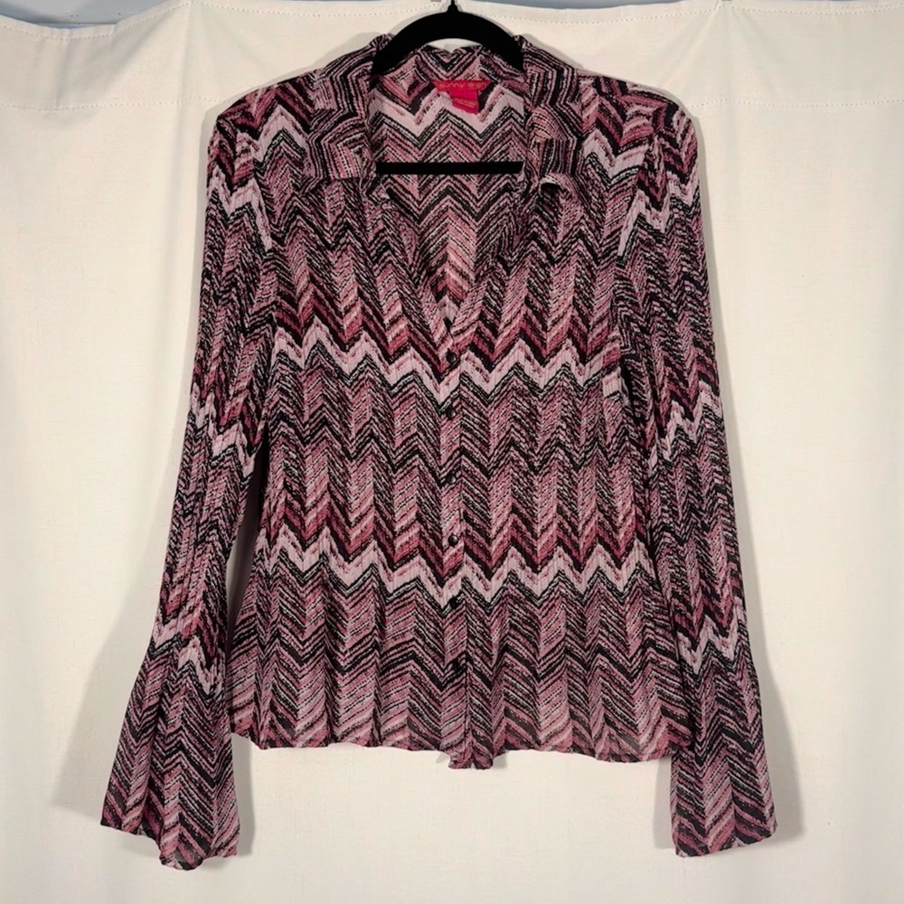 Sunny Leigh Y2K Pink & Black Crinkle Bell Sleeve Blouse